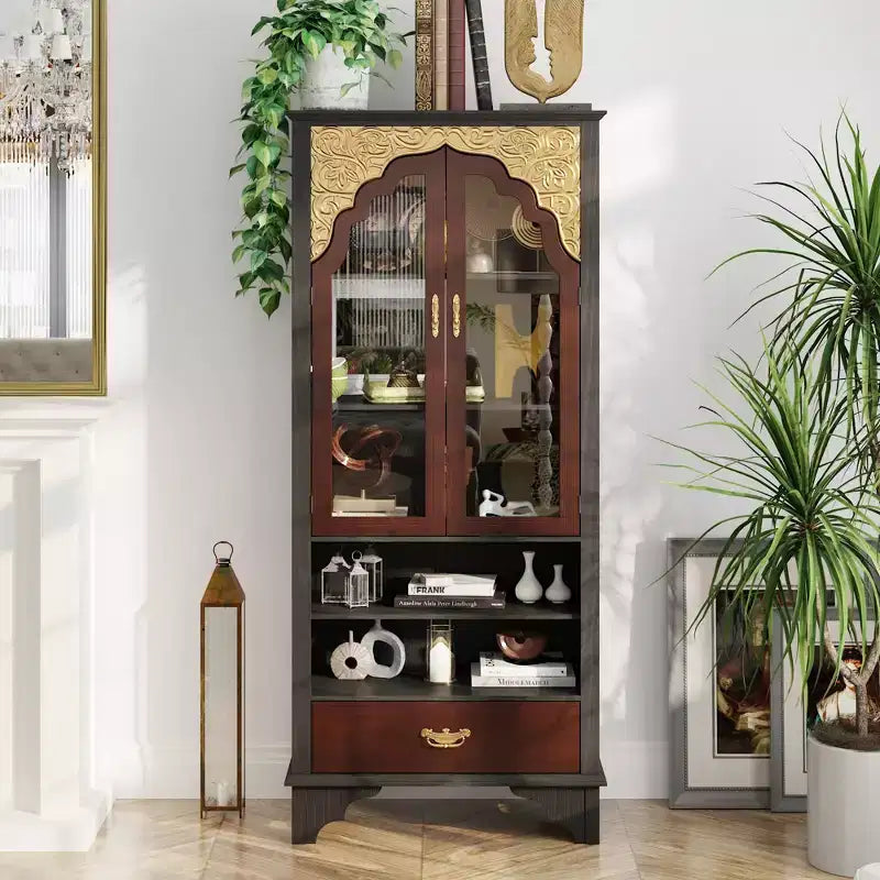 Famapy Vintage Luxury Storage Cabinet Bookcase Pantry: Intricate Carvings Gold Accents Glass Doors Elevate Your Space