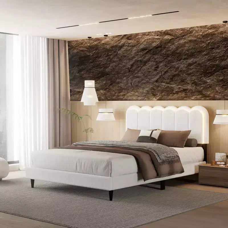 Cream White Petal Headboard Bed Frame with Ambient Light Full/Queen Size Soft Boucle Upholstered Platform Bed - ModernLuxe