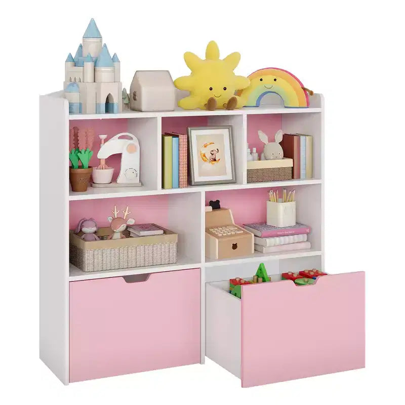 Toy Storage Organizer with 2 Movable Drawers Toy Organizer with 5 Open Cubbies Multifunctional Floor Storage Chest for Playroom