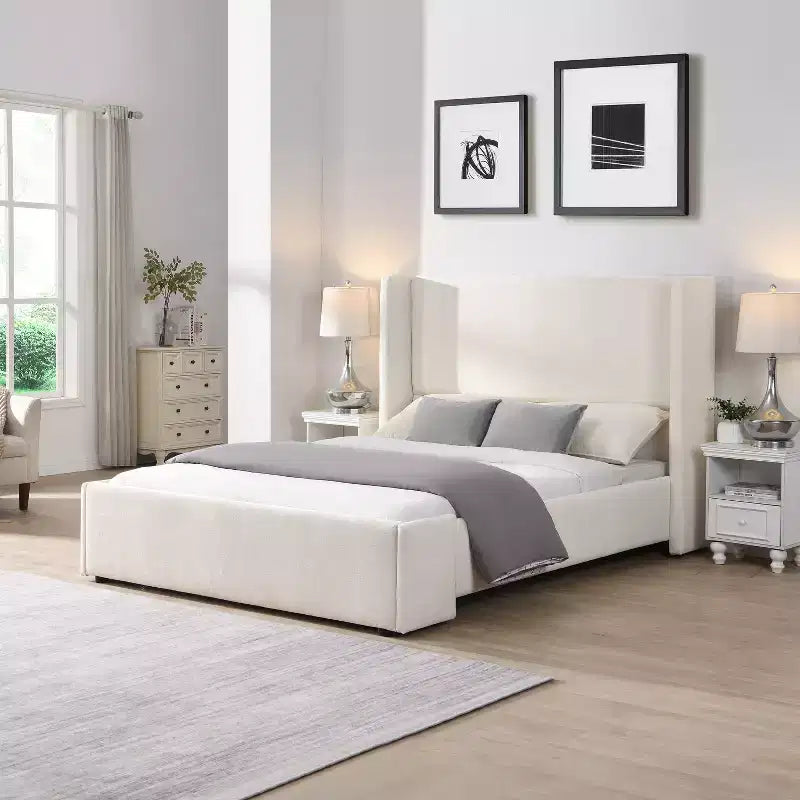 Elegant Upholstered Platform Bed with Tall Wingback Headboard Queen/King Size Bed Frame White - ModernLuxe