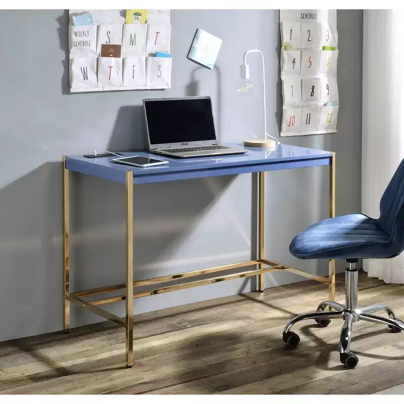 Okak 42.5IN Writing Desk with USB Ports Standing Desk with Golden Metal Base Computer Desk for Living Room Office Reading Room