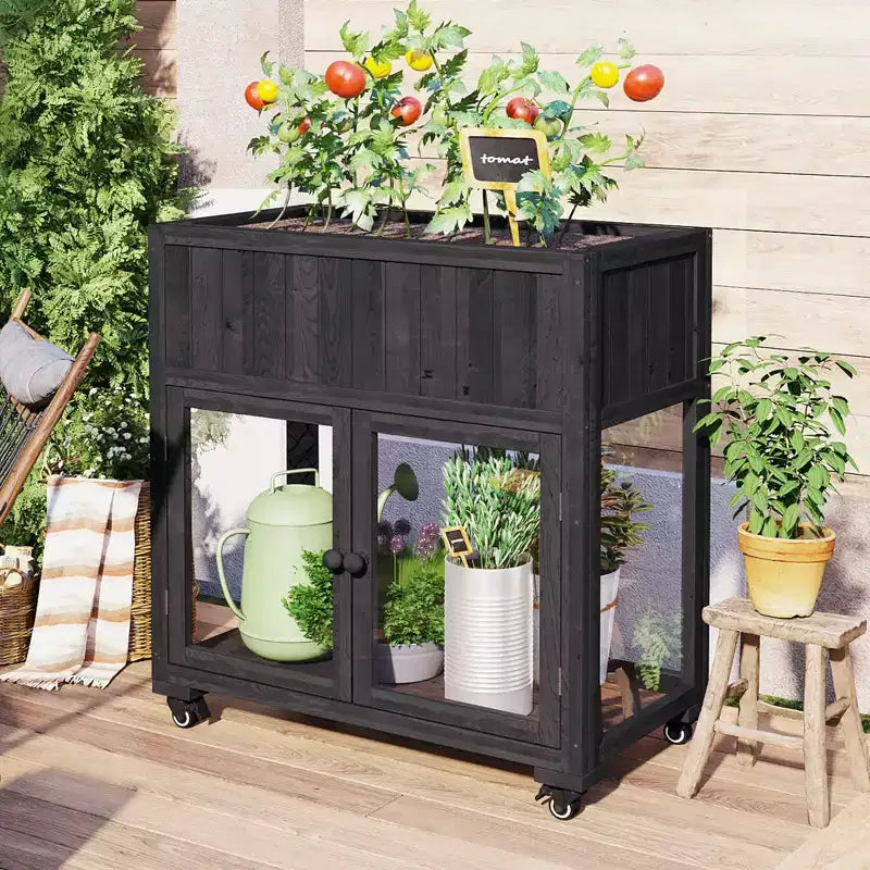 MAYEERTY 35.4''x17.7''x37.4'' Mini Cold Frame 2-Door Greenhouse with Wheels Indoor Outdoor Black