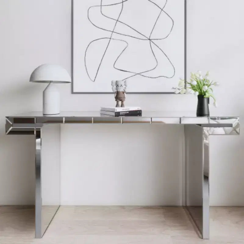 60 Mirrored Console Table with Fluted Glass Accents Modern Full-Length Entryway Table for Living Room Hallway or Behind Sofa - Panipeachy