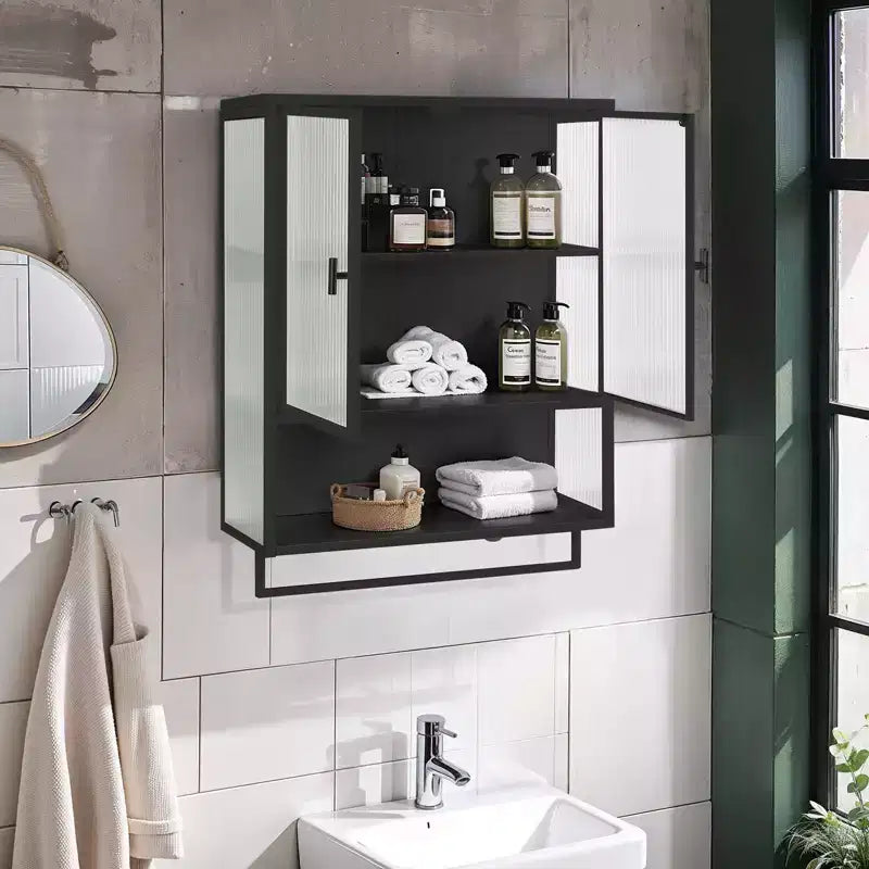 Modern Black Wall Cabinet with Glass Doors Open Shelf Towel Rack & 2-Tier Storage for Living Room Dining Room or Bathroom