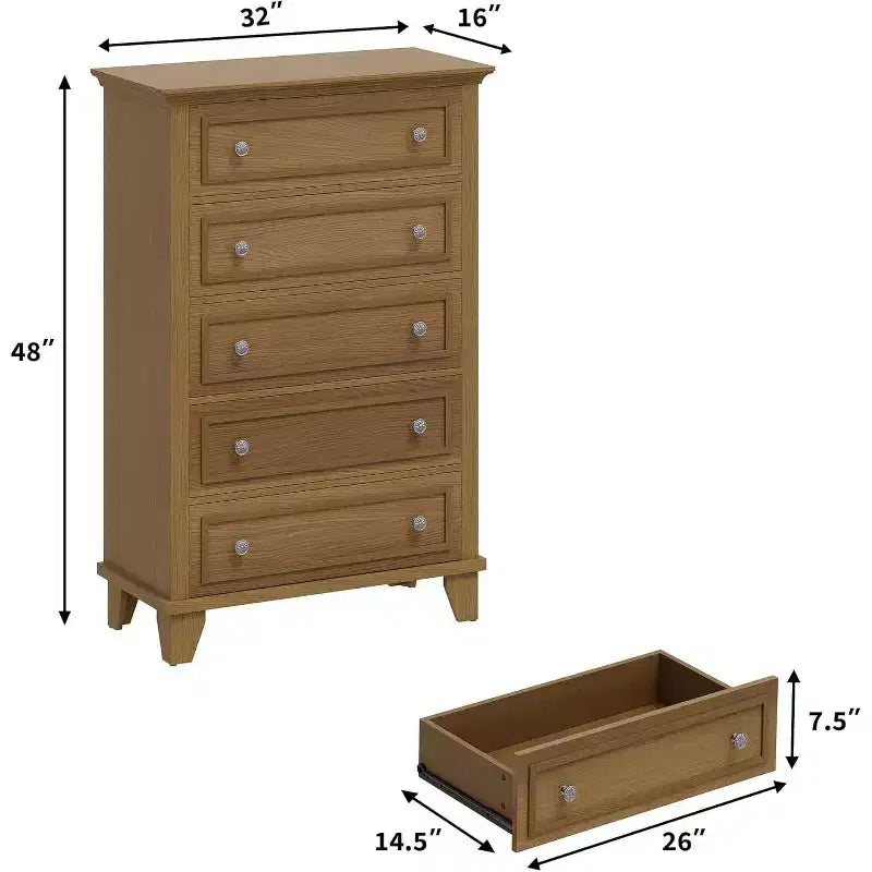 Commode 5 tiroirs marron style vintage, construction solide