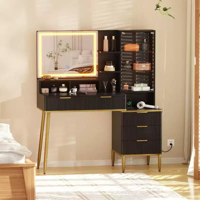 Modern Makeup Vanity Desk with Lighted Mirror 5 Drawers Power Outlet & USB Ports Fluted Dressing Table with Storage Shelf for Women Girls