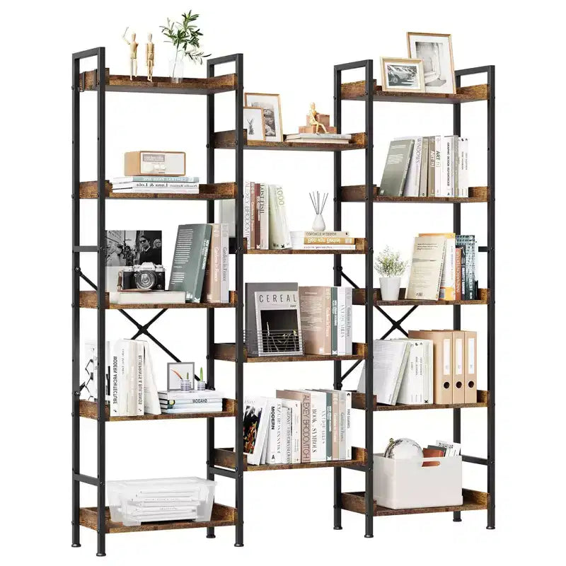 GustoWave Triple 5-Tier Bookshelf 14-Shelf Industrial Bookcase with Divisible Design 55lb per Shelf for Home Office Brown