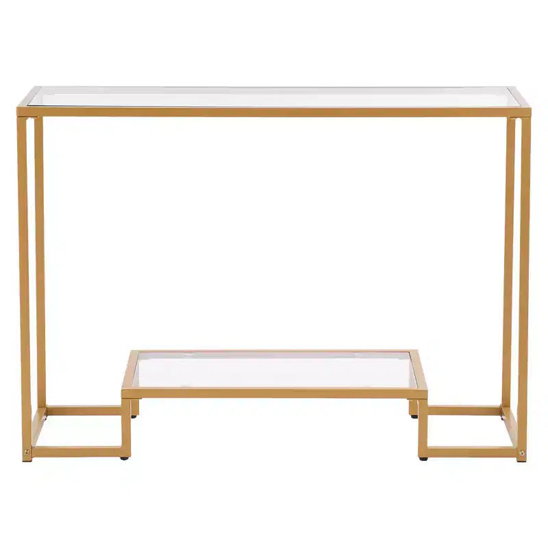 VEVOR 2-Tier Glass Console Table Modern Rectangle Sofa Side Table with Tempered Glass Top and Iron Legs Golden Consloe Desk Golden