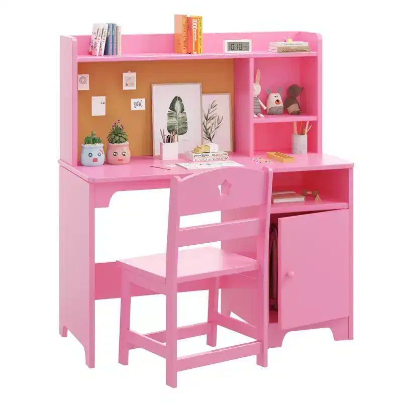 Kids Study Desk & Chair Set Ergonomic Children's Learning Table with Bookshelf and Organizer Engineered Wood Gift for Boys Girls Ages 3-8 Pink