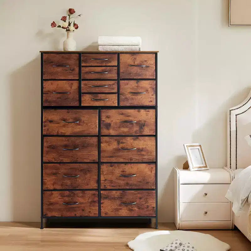 TUYOHW Tall Storage Dresser with 16 Drawers Wooden Top Sturdy Steel Chest of Drawers for Closets and Bedroom 3-Sized Drawers 35lbs Capacity