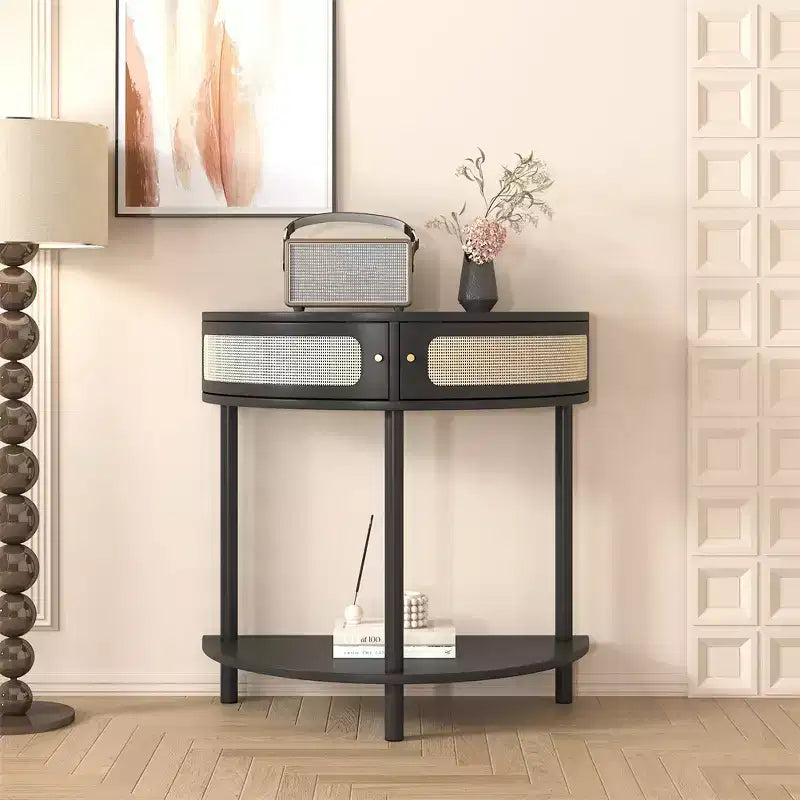 Half Moon End Table with Sliding Rattan Door Semi-circle Entryway Console Table with Bottom Shelf for Living room Bedroom Study Hallway Black