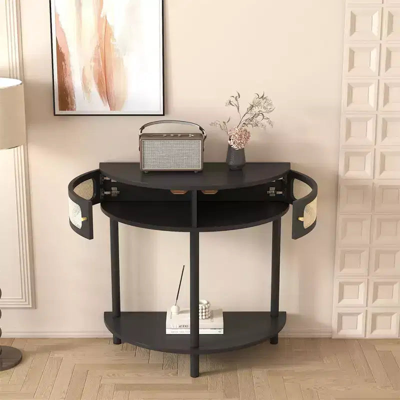Table d'appoint demi-lune avec porte coulissante en rotin