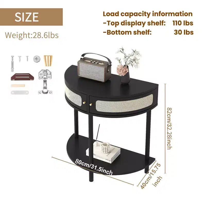 Table d'appoint demi-lune avec porte coulissante en rotin