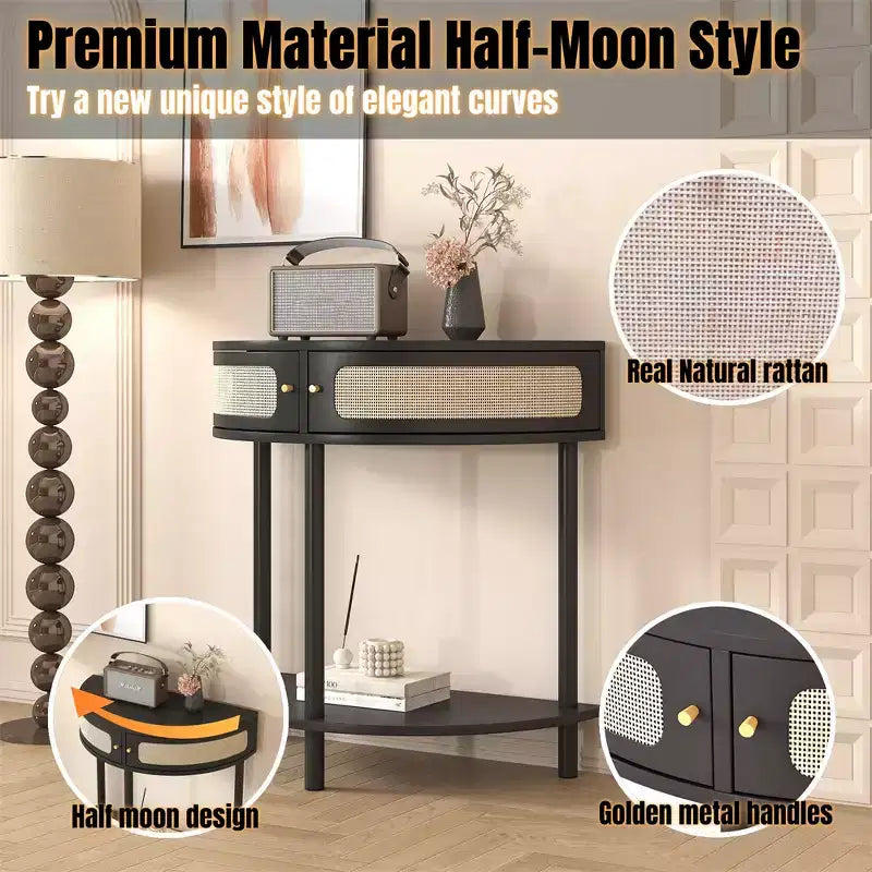 Table d'appoint demi-lune avec porte coulissante en rotin