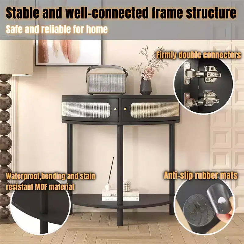 Table d'appoint demi-lune avec porte coulissante en rotin