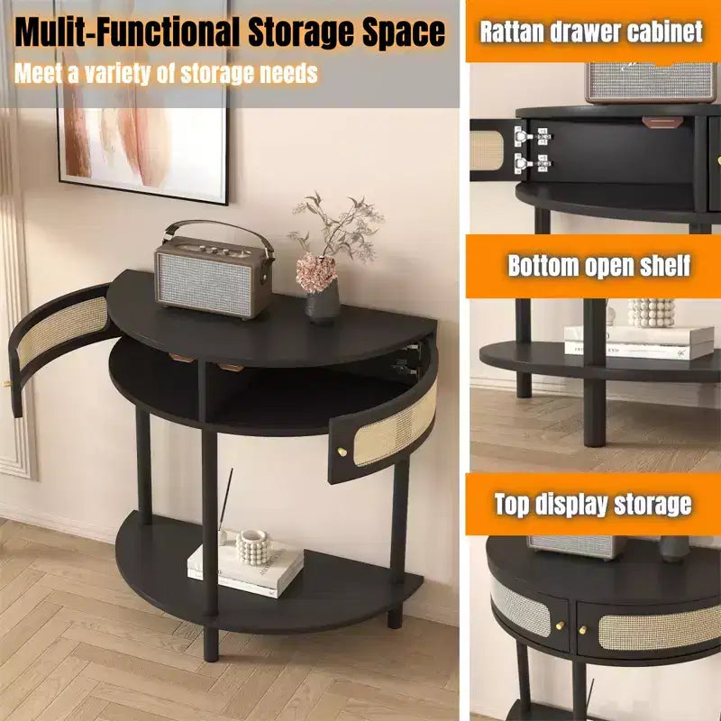 Table d'appoint demi-lune avec porte coulissante en rotin