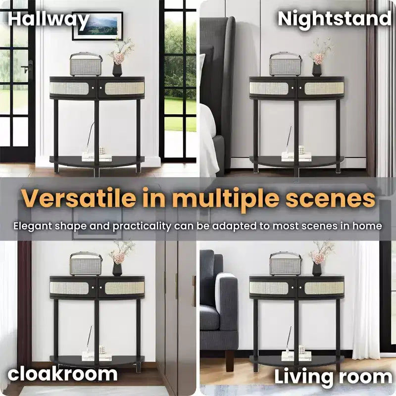 Table d'appoint demi-lune avec porte coulissante en rotin