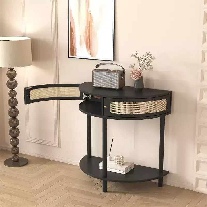 Table d'appoint demi-lune avec porte coulissante en rotin