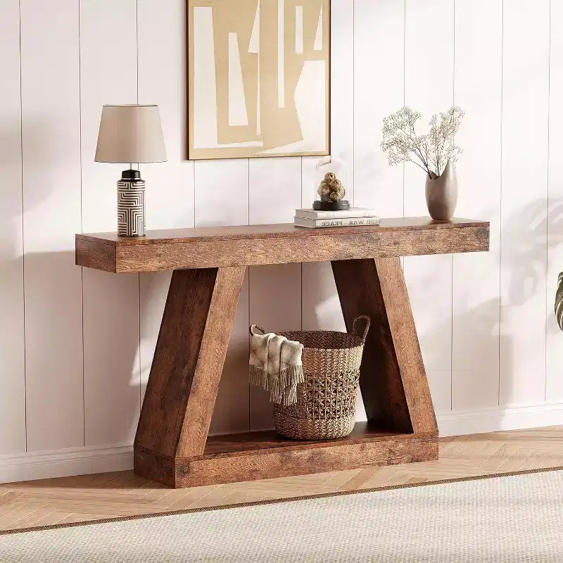 Acekool 2-Tier Industrial Entryway Console Table with Open Storage Shelves Farmhouse Sofa Table for Living Room