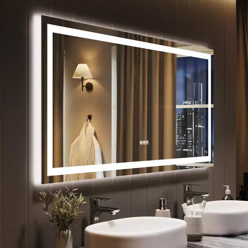 Bathroom Mirror with Lights Dimmable Anti-Fog Backlit + Front Lit Lighted Bathroom Vanity Mirror for Wall Memory Function Shatter-Proof