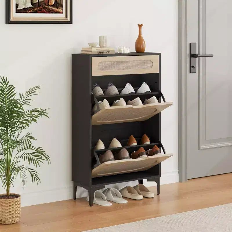 Rattan Shoe Cabinet Shoe Organizer with 2 Flip Drawers & 1 Drawer Hidden Slim Shoe Sotrage for Front Door Entrance