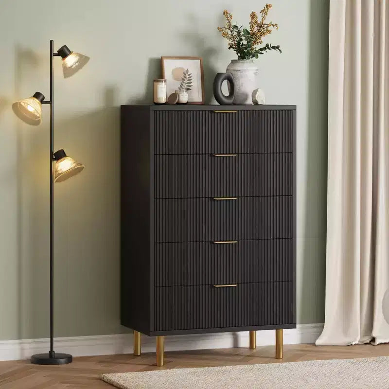 Acekool White 5 Drawer Dresser for Bedroom Modern Storage Chest with Gold Handles Large Drawers Organizer Cabinet for Living Room Hallway Office