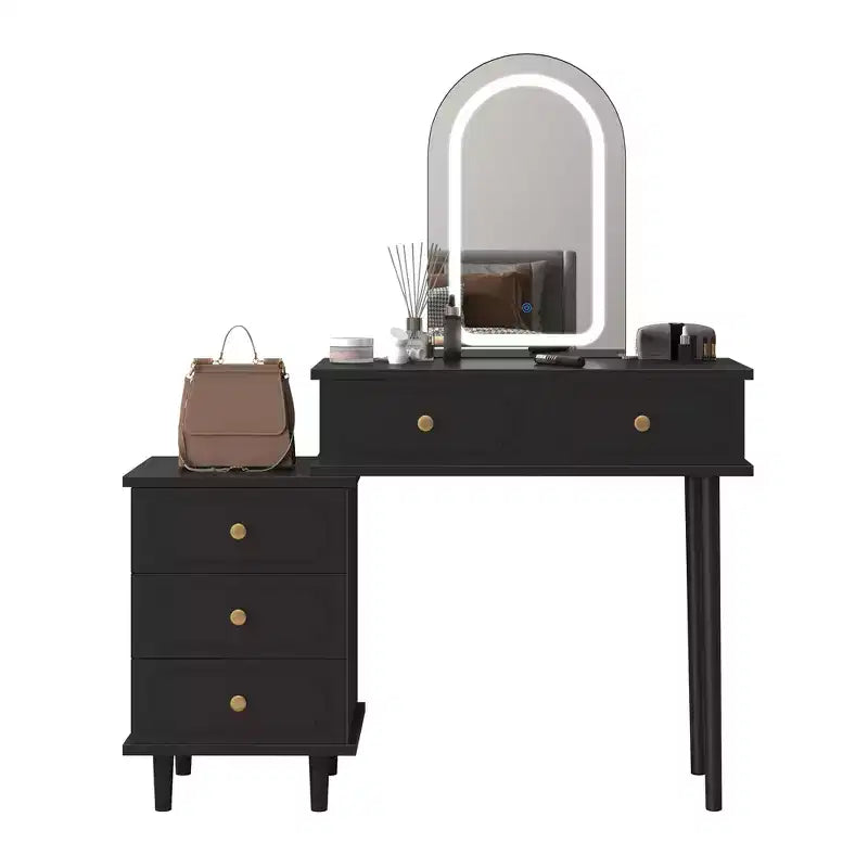 Makeup Vanity Desk with Mirror and Lights 31W Wooden Dressing Table with 2 Drawers & Cabinet Modern Makeup Vanity Table for Bedroom