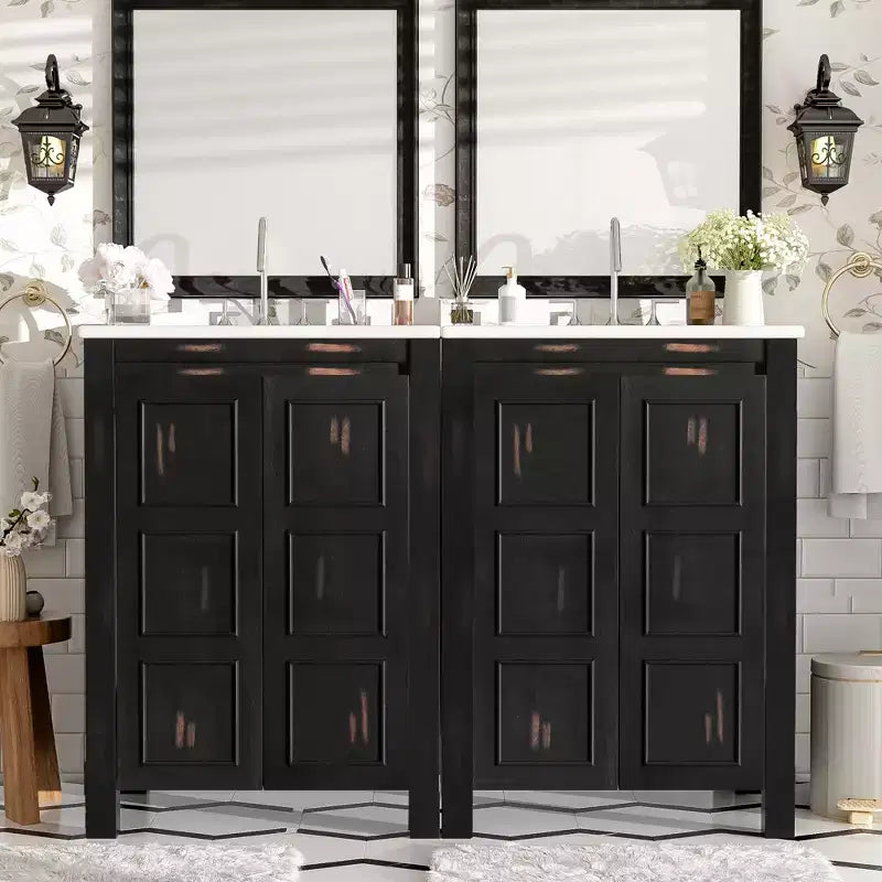 48 Vintage Bathroom Vanity Combo with Double Vanities Bathroom Storage Cabinet with Soft Close Doors and Shelf Espresso
