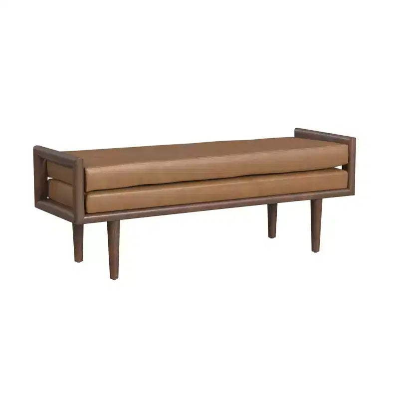 Banc en bois avec assise rembourrée en similicuir caramel