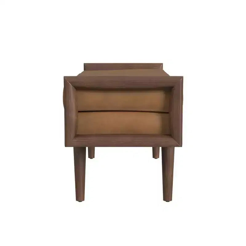 Banc en bois avec assise rembourrée en similicuir caramel