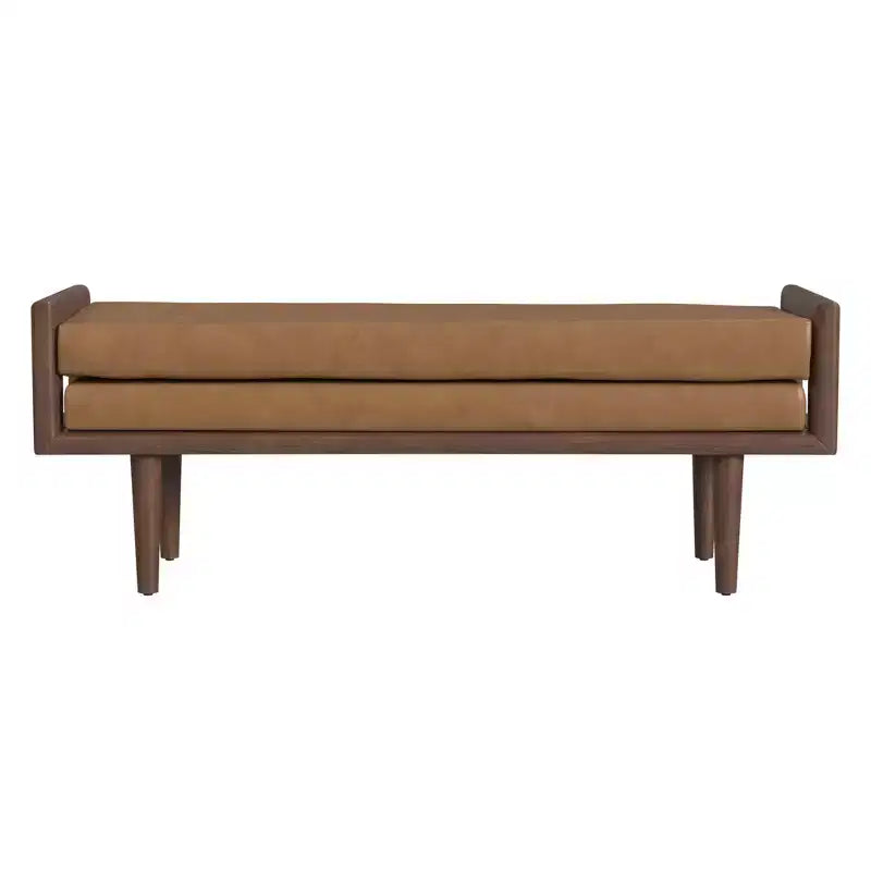 Banc en bois avec assise rembourrée en similicuir caramel