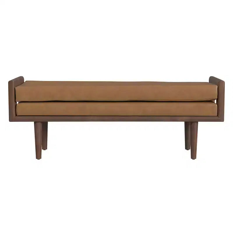 Banc en bois avec assise rembourrée en similicuir caramel