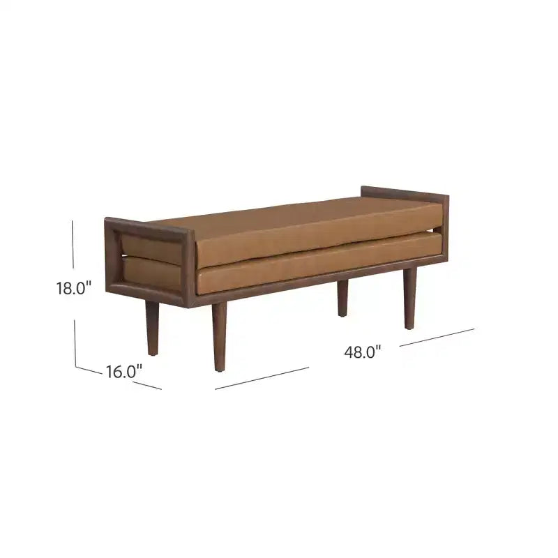 Banc en bois avec assise rembourrée en similicuir caramel