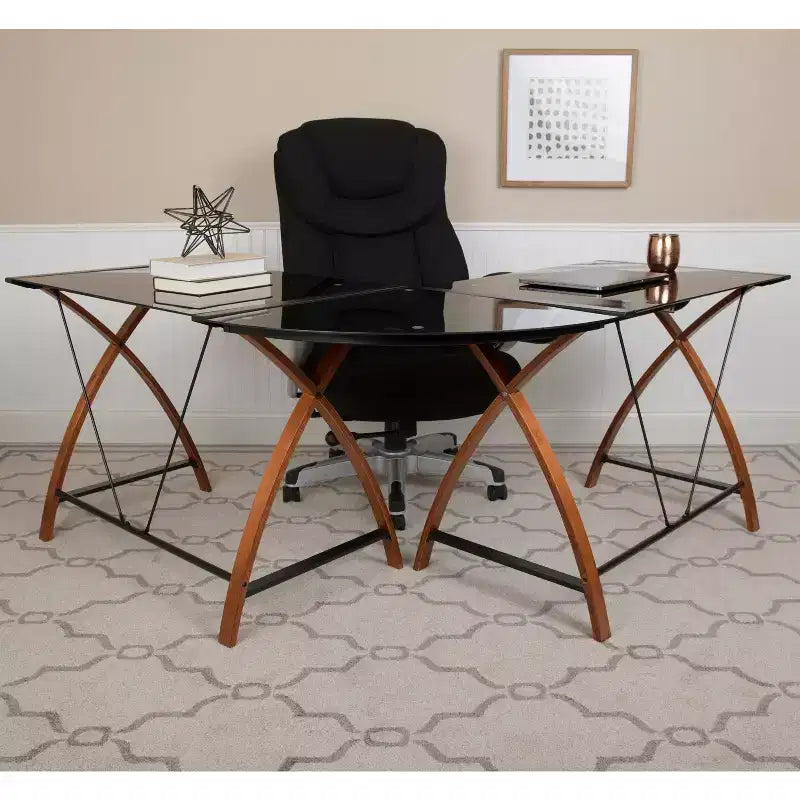 Bureau d'angle en L pour ordinateur avec plateau en verre