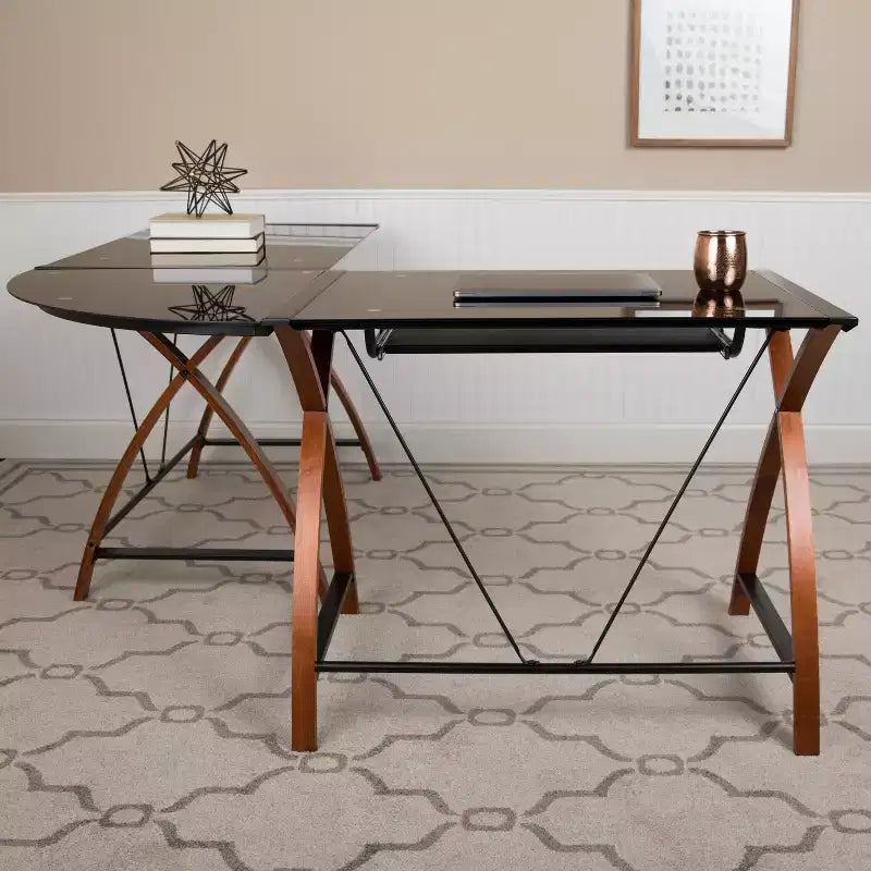 Bureau d'angle en L pour ordinateur avec plateau en verre