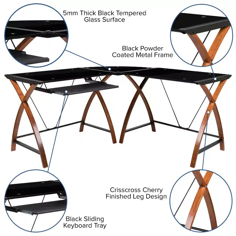 Bureau d'angle en L pour ordinateur avec plateau en verre
